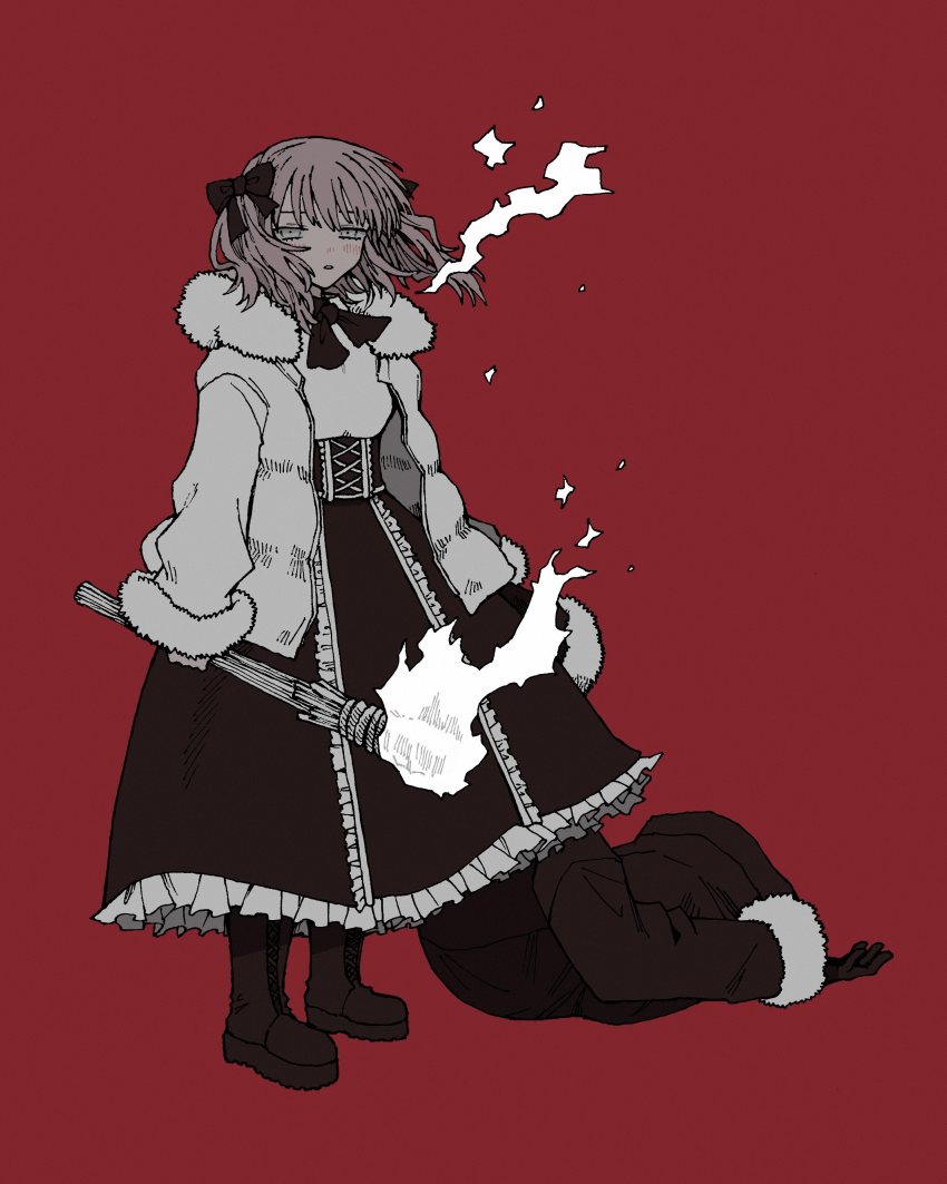 1girl, 1other, absurdres, adipocere_(vocaloid), black_bow, black_corset, black_skirt, blush