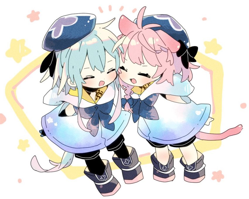 1boy, 1girl, :d, ^_^, animal_ears, arknights, beret, black_footwear, black_pantyhose, black_shorts, blue_cloak, blue_hair, blue_headwear, blue_neckerchief, boots, cat_ears, cat_girl, cat_tail, chibi, cloak, closed_eyes, commentary_request, cosplay, creator_connection, goldenglow_(arknights), hair_between_eyes, hat, hood, hood_down, hooded_cloak, pantyhose_under_shorts, long_hair, matching_outfits, mizuki_(arknights), mizuki_(arknights)_(cosplay), naguru_(cyoroama), neckerchief, open_mouth, pantyhose, pink_hair, short_shorts, shorts, smile, star_(symbol), tail, white_background