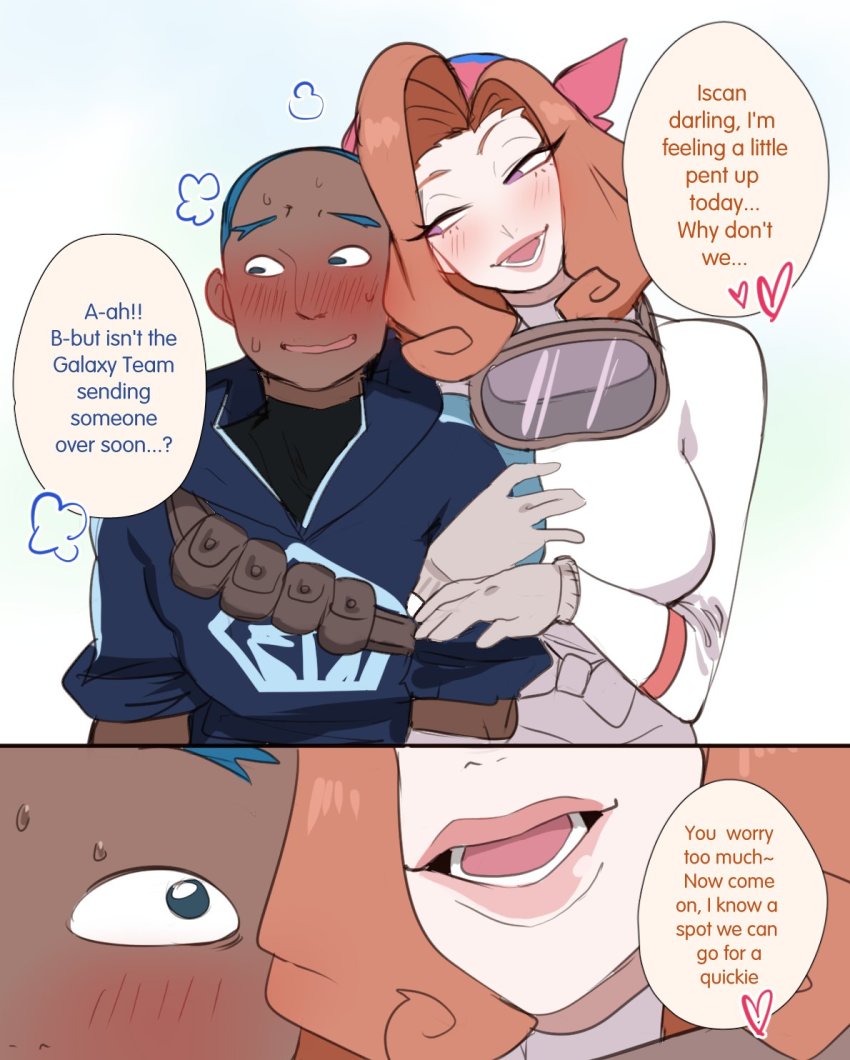 0lightsource, 1boy, 1girl, bandana, blue_hair, blush, breasts, comic, dark-skinned_male, dark_skin, english_text, goggles, goggles_around_neck, hair_ornament, highres, iscan_(pokemon), lips, locked_arms, looking_at_another, nervous, nervous_smile, nervous_sweating, nintendo, orange_hair, palina_(pokemon), pokemon, pokemon_legends:_arceus, smile, speech_bubble, sweat