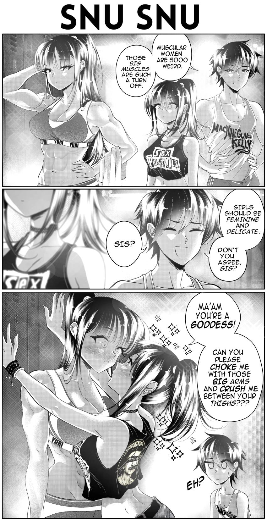 1boy, 2girls, 3koma, abs, absurdres, belt, blush, breasts, brother_and_sister, choker, cleavage, closed_eyes, closed_mouth, comic, commentary, confused, crop_top, earrings, english_commentary, english_text, greyscale, grs-, hair_between_eyes, height_difference, highres, jewelry, kabedon, left-to-right_manga, locker, locker_room, long_hair, machine_gun_kelly, monochrome, multiple_girls, muscular, muscular_female, muscular_male, open_mouth, original, ponytail, right-to-left_comic, sex_pistols, shirt, short_hair, siblings, smile, sparkle, speech_bubble, sports_bra, standing, t-shirt, tank_top, toned, towel, yuri