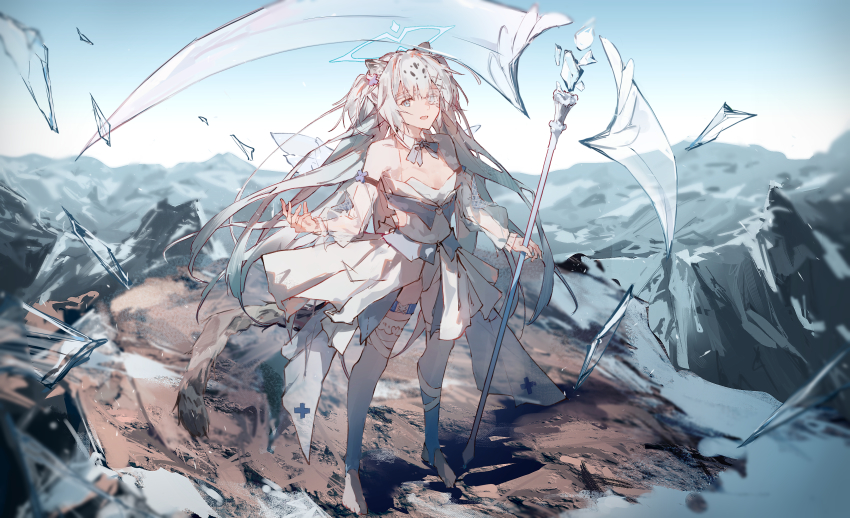 1girl, :d, absurdres, animal_ear_fluff, animal_ears, bare_shoulders, blue_bow, blue_eyes, blue_thighhighs, bow, breasts, collar, collarbone, commission, day, detached_collar, detached_sleeves, fuura_yuri, gradient_legwear, grey_hair, hair_ornament, halo, highres, holding, holding_weapon, ken1212ab, leotard, long_hair, long_sleeves, looking_at_viewer, mountain, multicolored_hair, no_shoes, open_mouth, outdoors, phase_connect, puffy_long_sleeves, puffy_sleeves, see-through_clothes, see-through_sleeves, small_breasts, smile, snow, solo, standing, stirrup_legwear, tail, thighhighs, toeless_legwear, transparent, two-tone_hair, very_long_hair, virtual_youtuber, weapon, weapon_request, white_collar, white_leotard, white_thighhighs, wing_collar, x_hair_ornament