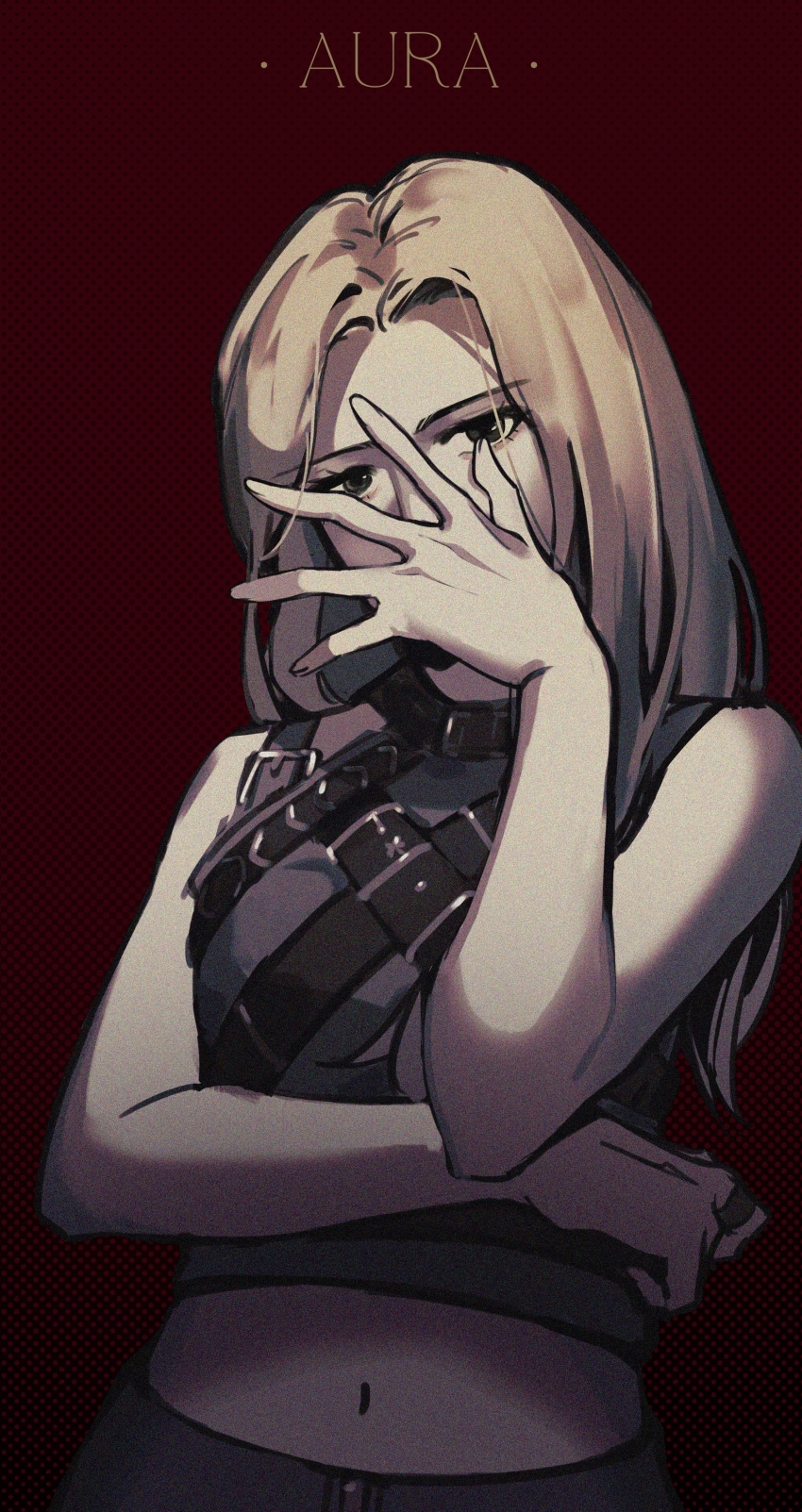 1girl, absurdres, akechi_(826988799), animification, aura_(wjsn), black_eyes, blonde_hair, chest_harness