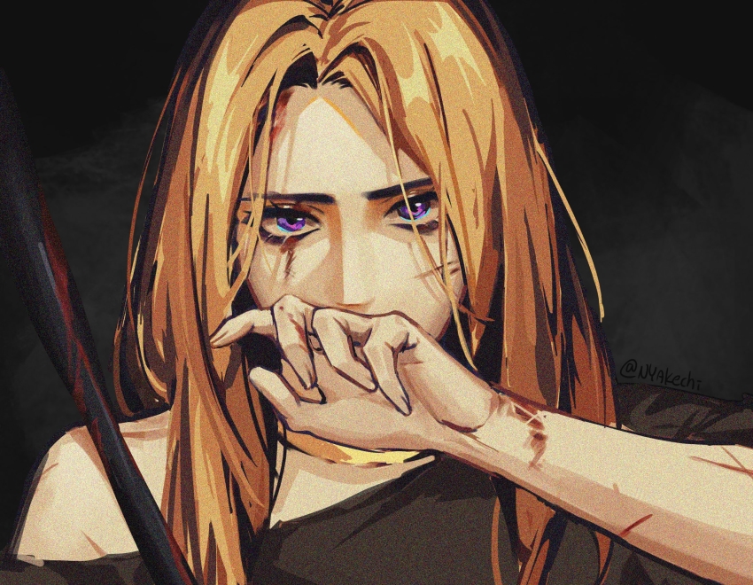 1girl, akechi_(826988799), animification, baseball_bat, blonde_hair, blood, blood_on_arm, blood_on_face