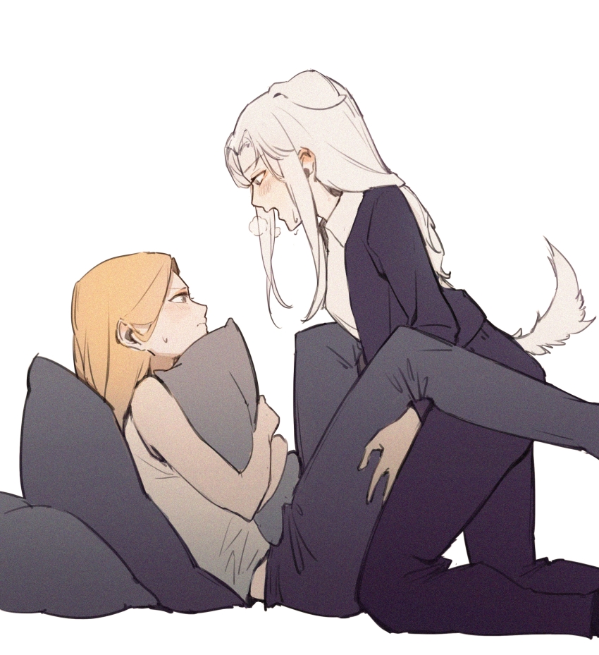 2girls, absurdres, akechi_(826988799), animal_ears, animification, black_pants, blazer, blush, chinese_commentary, collared_shirt, dog_ears, dog_girl, dog_tail, eunseo_(wjsn), exy_(wjsn), from_side, grey_pants, grey_shirt, highres, holding_another's_thighs, jacket, k-pop, kemonomimi_mode, multiple_girls, hugging_object, pants, pillow, pillow_hug, real_life, shirt, sleeveless, sleeveless_shirt, sweatpants, tail, white_shirt, wjsn, yuri