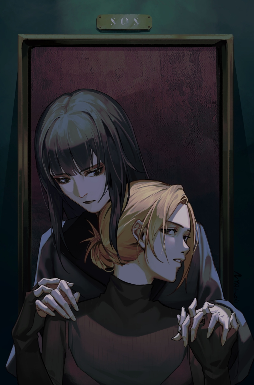 2girls, absurdres, akechi_(826988799), animification, black_gloves, black_hair, black_sweater, blonde_hair