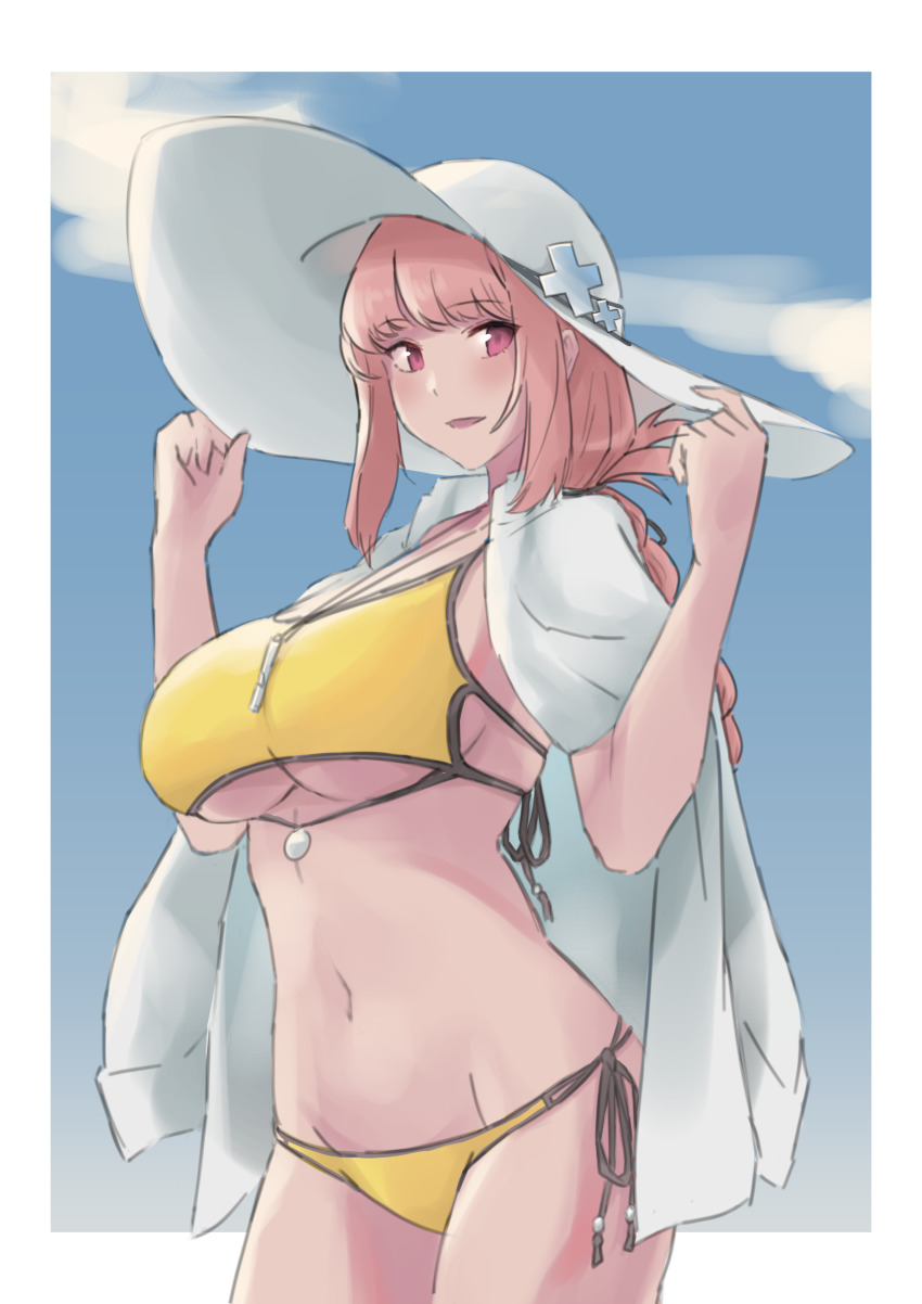 1girl, absurdres, bikini, braid, braided_ponytail, breasts, chikoku_no_oni, fate/grand_order, fate_(series), florence_nightingale_(chaldea_lifesavers)_(fate), florence_nightingale_(fate), folded_ponytail, hat, highres, large_breasts, long_hair, looking_at_viewer, pink_hair, red_eyes, side-tie_bikini_bottom, sky, smile, sun_hat, swimsuit, wide_hips, yellow_bikini