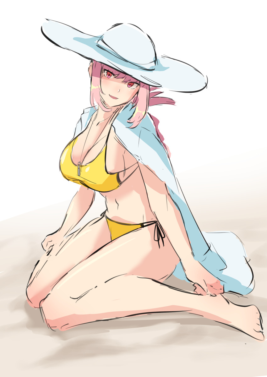 1girl, absurdres, barefoot, bikini, braid, braided_ponytail, breasts, chikoku_no_oni