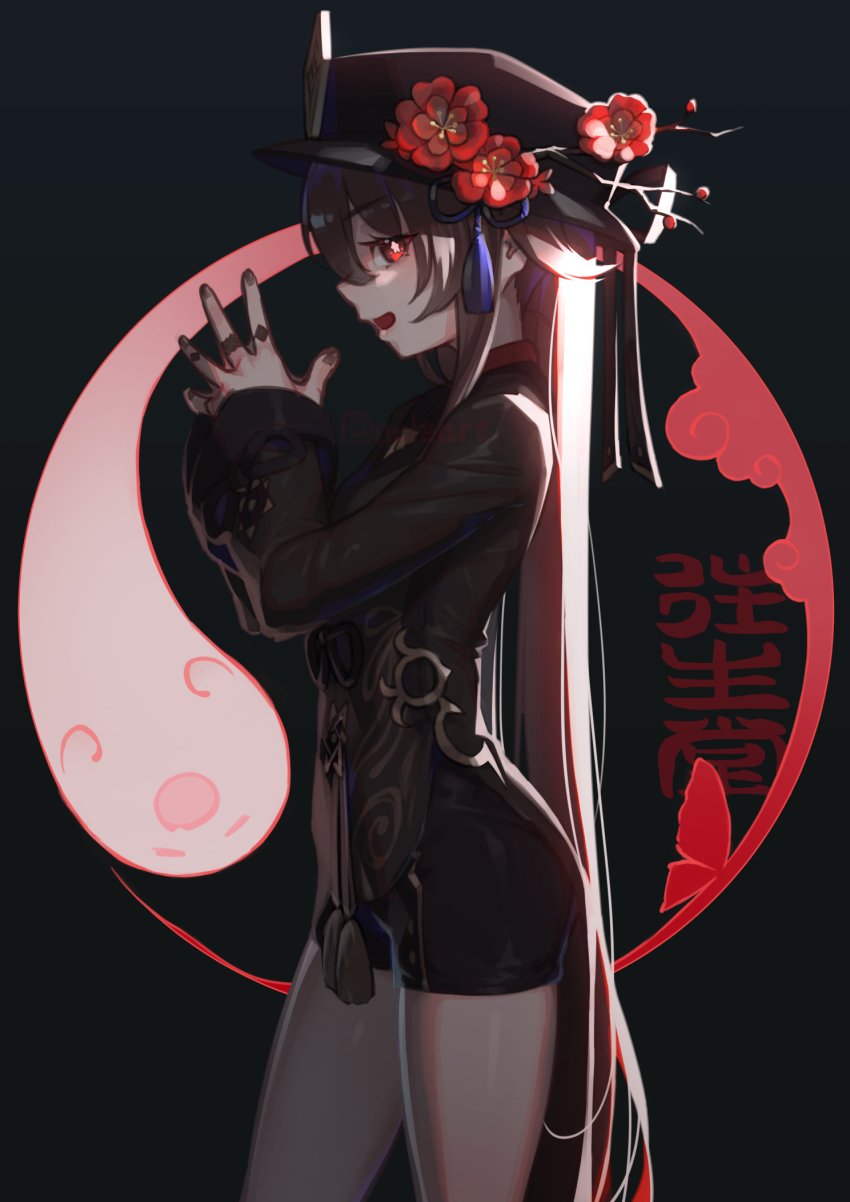 1girl, bike_shorts, black_nails, boo_tao_(genshin_impact), brown_hair, flower, flower-shaped_pupils, from_side