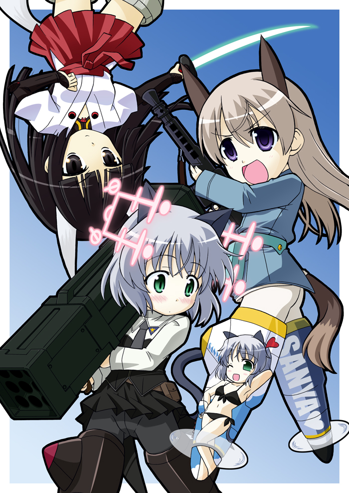 3girls, anabuki_tomoko, animal_ears, bikini, black_eyes, black_hair, black_pantyhose, blonde_hair