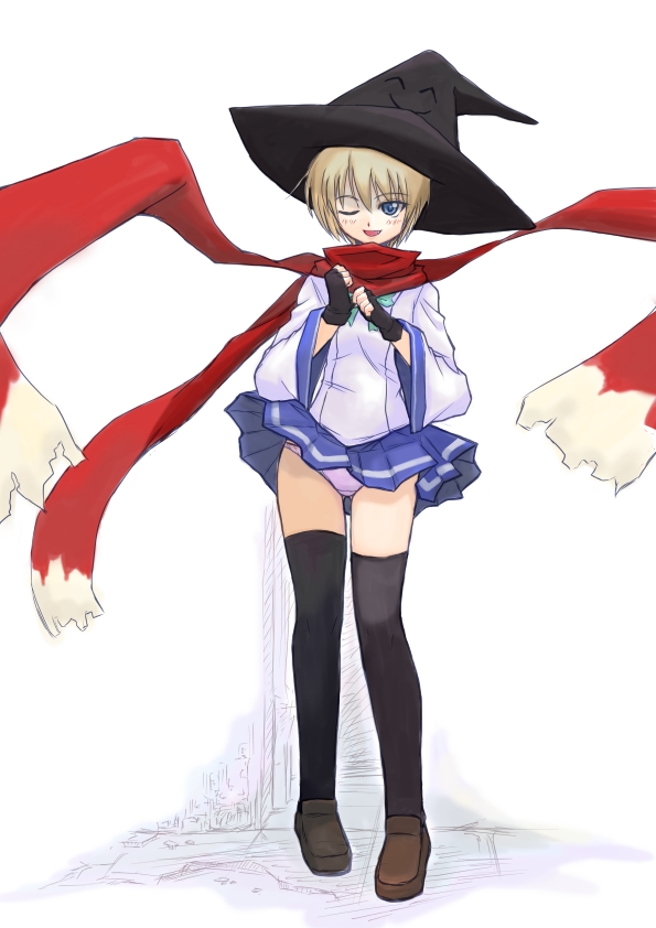 1girl, black_thighhighs, blonde_hair, blue_eyes, clothes_lift, female_focus, fingerless_gloves, garyou