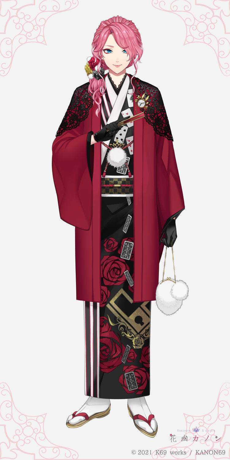 1boy, bag, black_capelet, black_flower, black_gloves, black_kimono, black_rose, blue_eyes