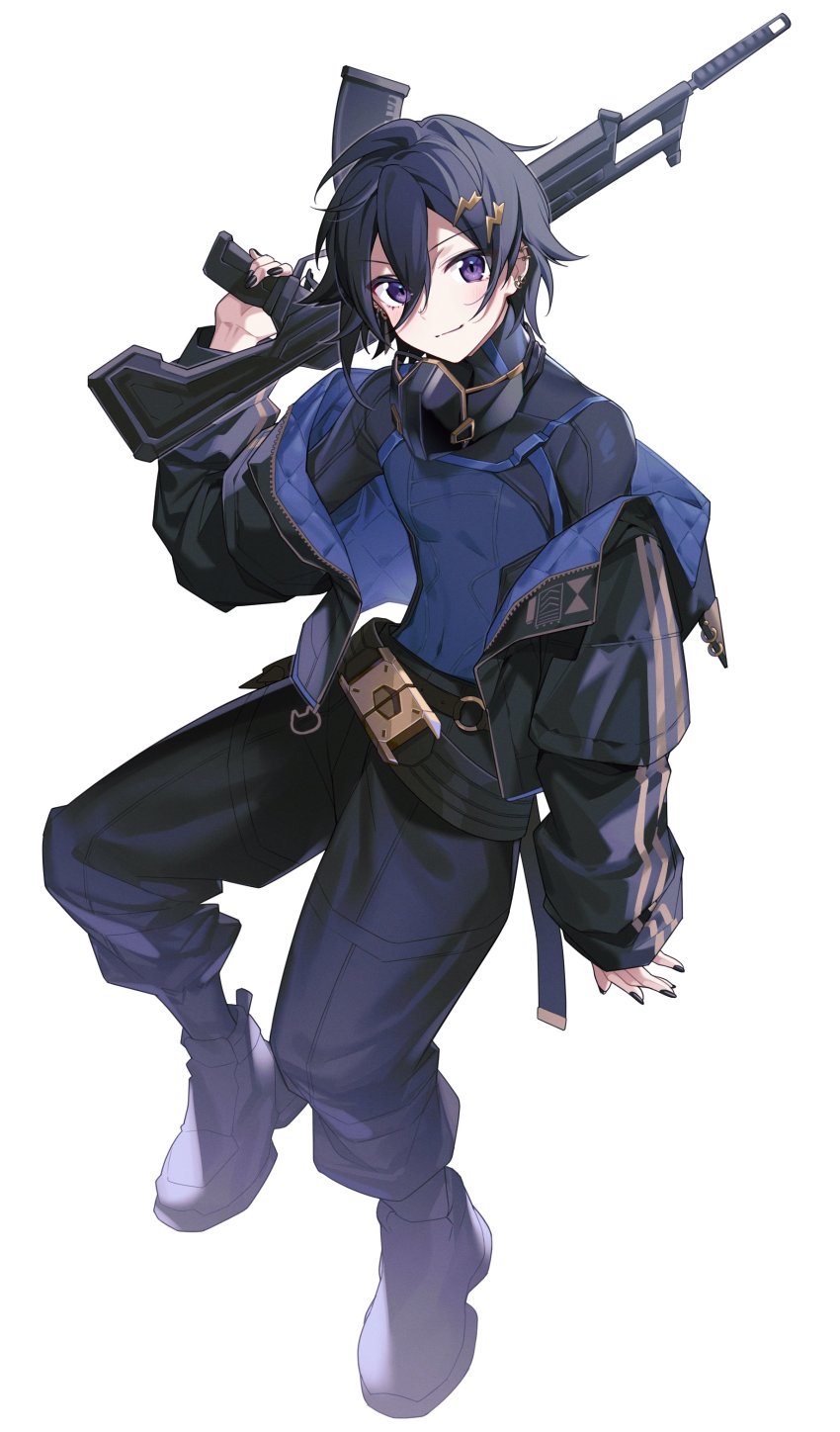 1boy, absurdres, alternate_costume, ankle_boots, assault_rifle, belt, black_belt, black_boots