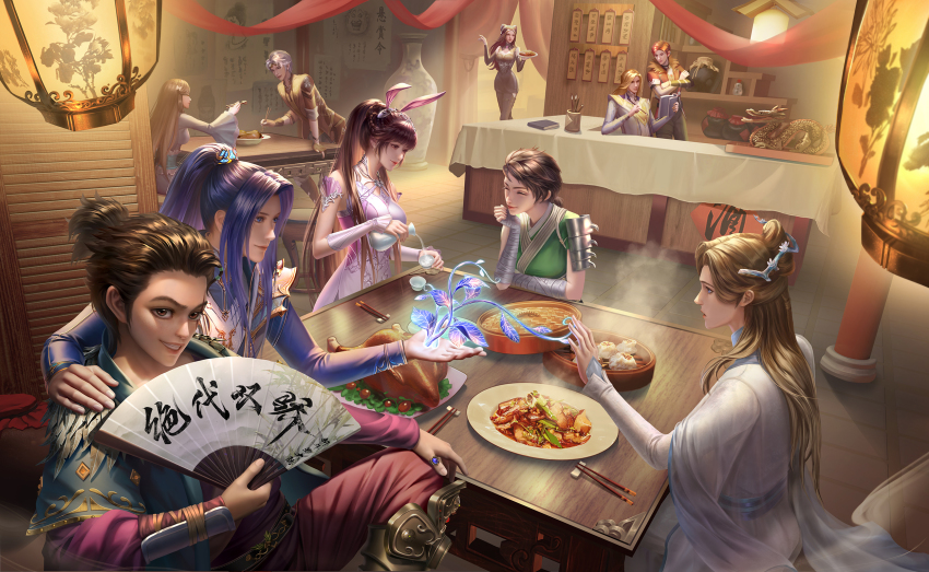 5boys, 5girls, bar_(place), book, character_request, chicken_(food), copyright_request, crossover