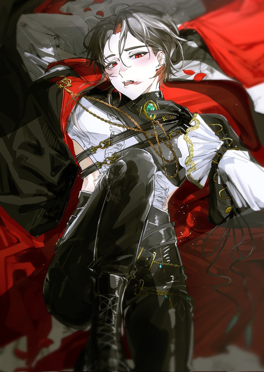 1boy, colored_inner_hair, e_mo_ka, ear_piercing, gloves, highres, looking_at_viewer, male_focus, multicolored_hair, nu_carnival, piercing, red_eyes, red_hair, short_hair, slit_pupils, solo, yakumo_(crimson_phantom)_(nu_carnival), yakumo_(nu_carnival)