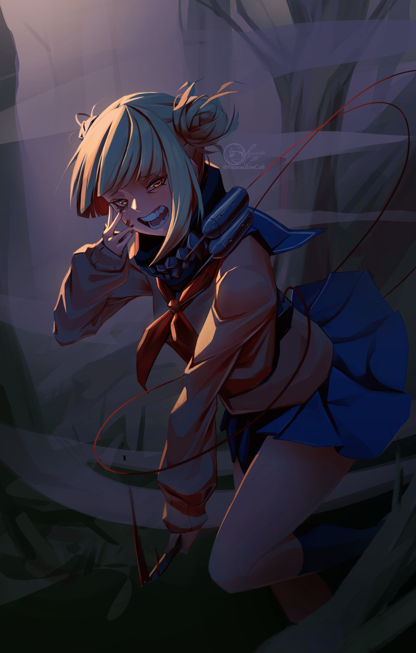 1girl, absurdres, blonde_hair, blue_skirt, blunt_bangs, boku_no_hero_academia, cardigan, double_bun