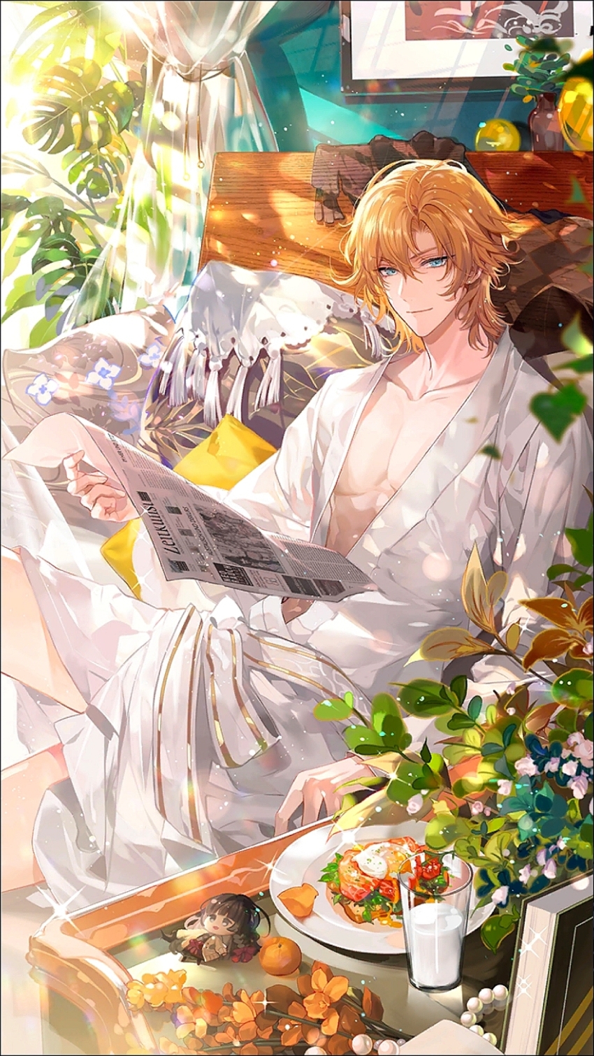 1boy, bacon, bathrobe, blonde_hair, blue_eyes, character_doll, cowboy_shot, cup