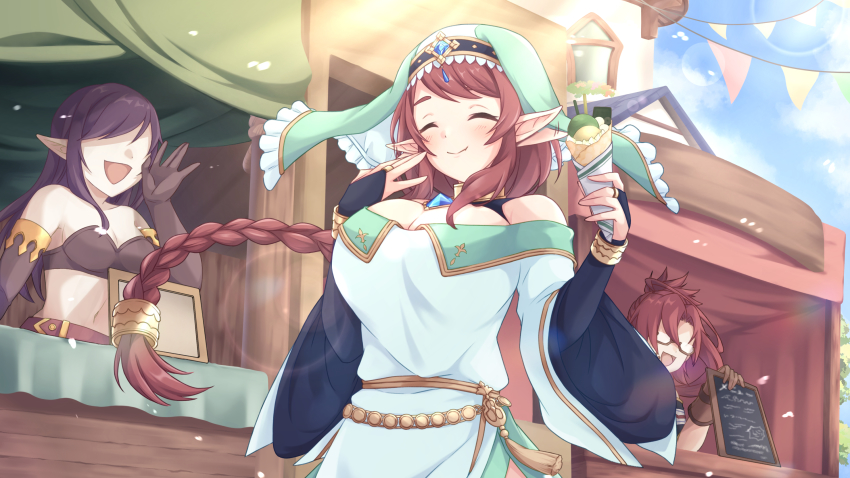 3girls, altheavin, black_gloves, blue_dress, braid, braided_ponytail, breasts, bridal_gauntlets