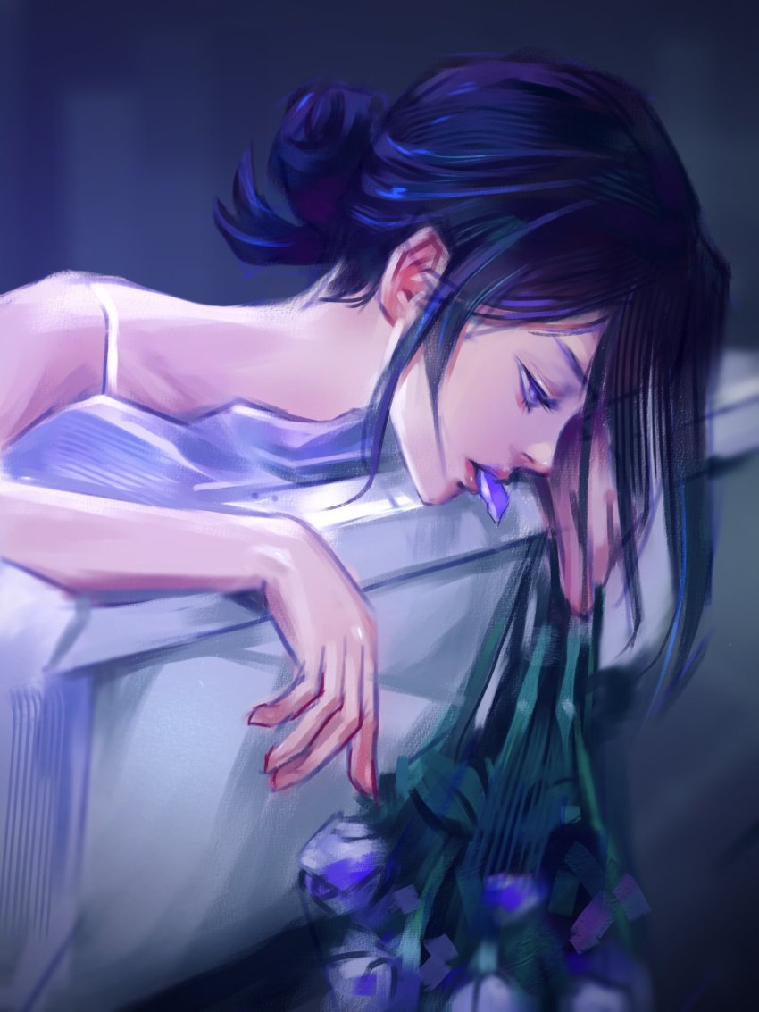1girl, bare_shoulders, bathtub, black_hair, chainsaw_man, flower, grey_background, hair_bun