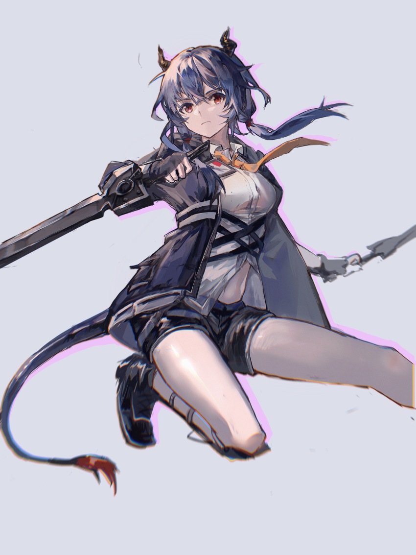 1girl, absurdres, arknights, black_boots, black_gloves, black_hair, black_jacket, black_shorts