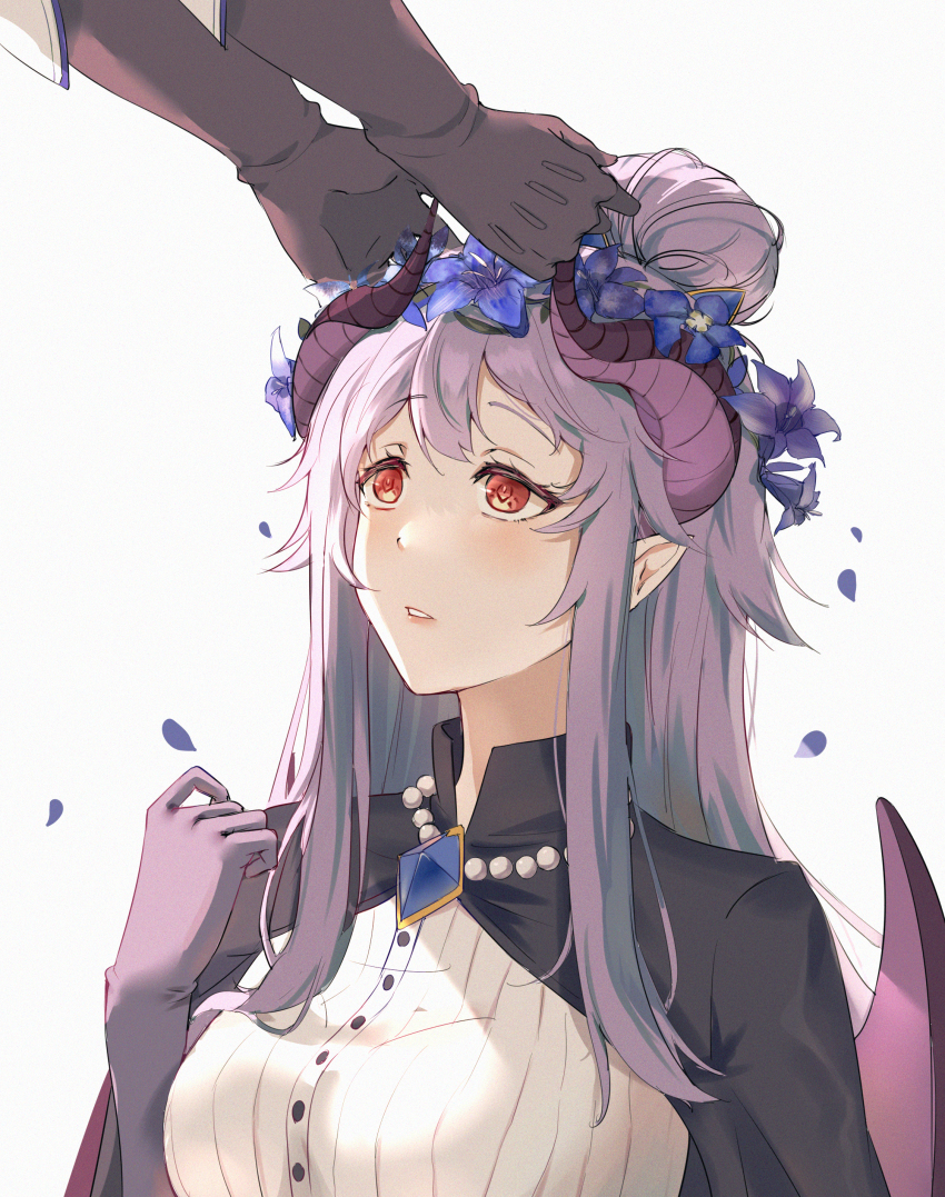 absurdres, black_cape, black_gloves, cape, dragon_girl, dragon_wings, falling_petals, flower, gentiana_(flower), gloves, grey_background, hair_bun, hair_flower, hair_ornament, highres, homare_(princess_connect!), horn_grab, horns, jewelry, long_hair, looking_at_another, mature_female, necklace, pearl_necklace, petals, pink_lips, pointy_ears, princess_connect!, purple_gloves, purple_hair, qianlilingjiang, red_eyes, shirt, simple_background, unusually_open_eyes, white_shirt, wings