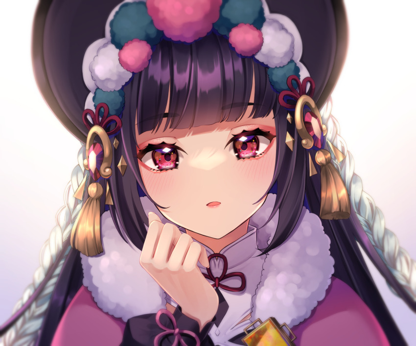 1girl, black_hair, black_headwear, blunt_bangs, blush, bonnet, collar, commentary_request, ewokaku335, facing_viewer, fur_collar, genshin_impact, parted_lips, portrait, red_eyes, solo, white_collar, yun_jin_(genshin_impact)