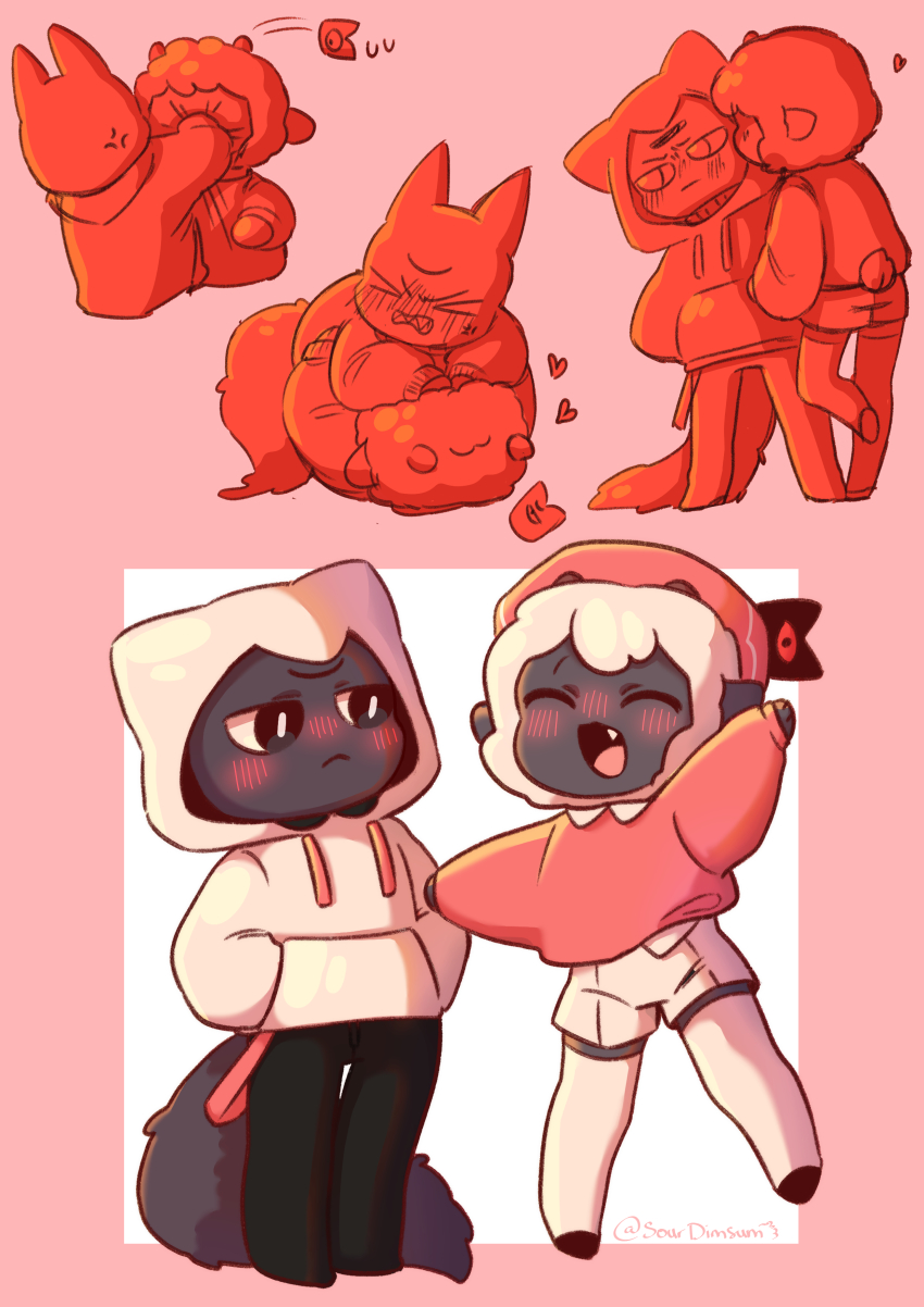 absurdres, animal_ears, animate_object, black_pants, blush, cat, cat_ears, cat_tail