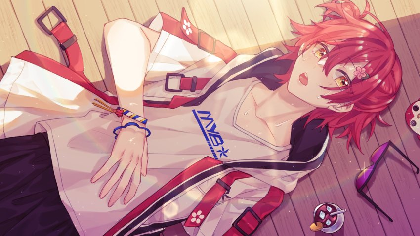 1boy, bird, black_pants, bracelet, cowboy_shot, cup, drink, drinking_glass