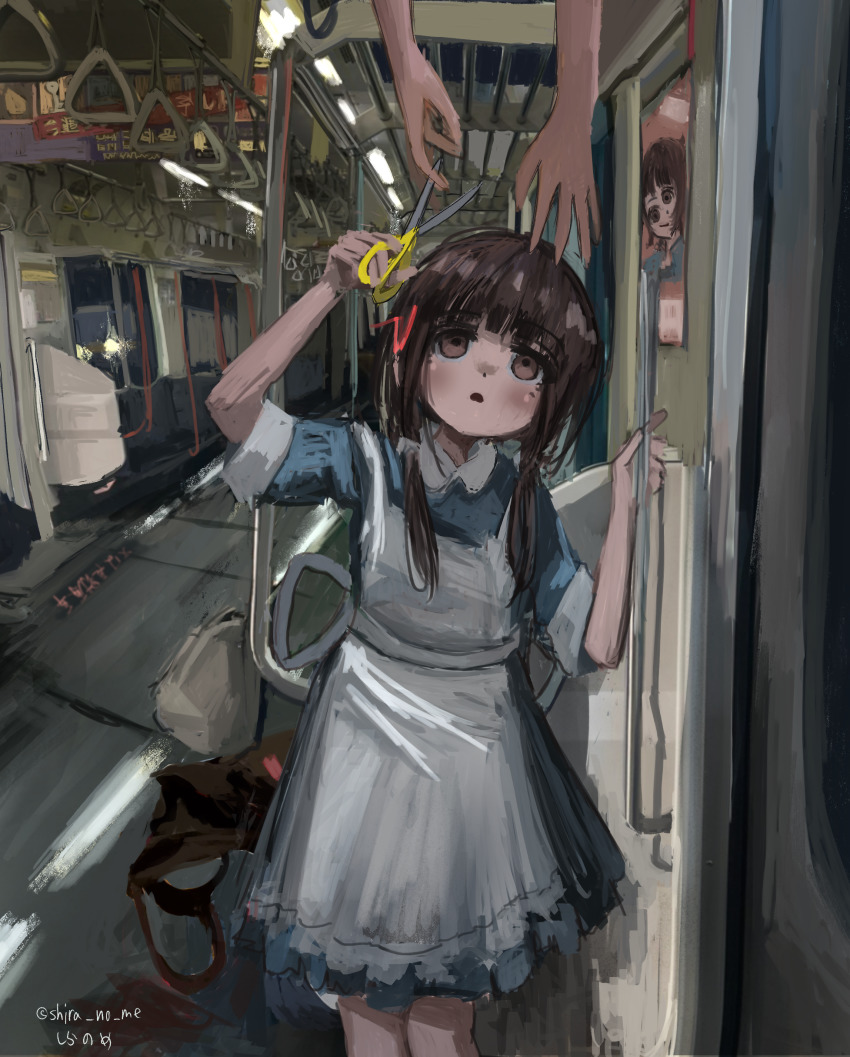 1girl, 1other, absurdres, apron, black_hair, blue_dress, blush, brown_eyes
