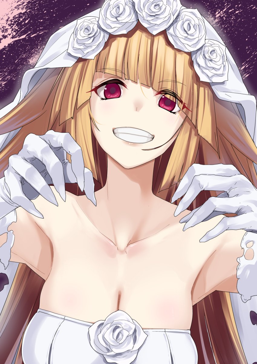 1girl, blonde_hair, breasts, bridal_veil, brooklyn_(halloween)_(kancolle), brooklyn_(kancolle), cleavage, colored_skin