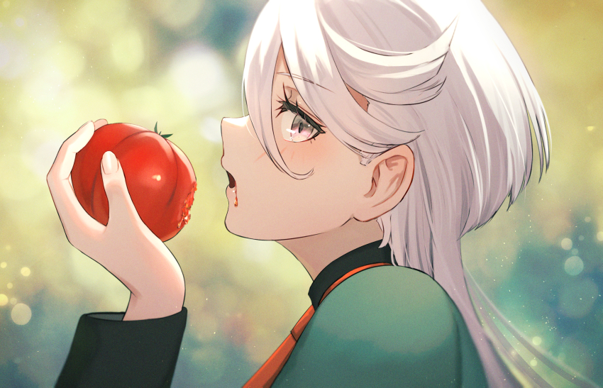 1girl, blurry, blurry_background, dolce_(dolsuke), eating, from_side, fruit_juice, green_jacket, grey_eyes, grey_hair, gundam, gundam_suisei_no_majo, hair_between_eyes, highres, jacket, long_hair, looking_to_the_side, miorine_rembran, open_mouth, school_uniform, swept_bangs, tomato