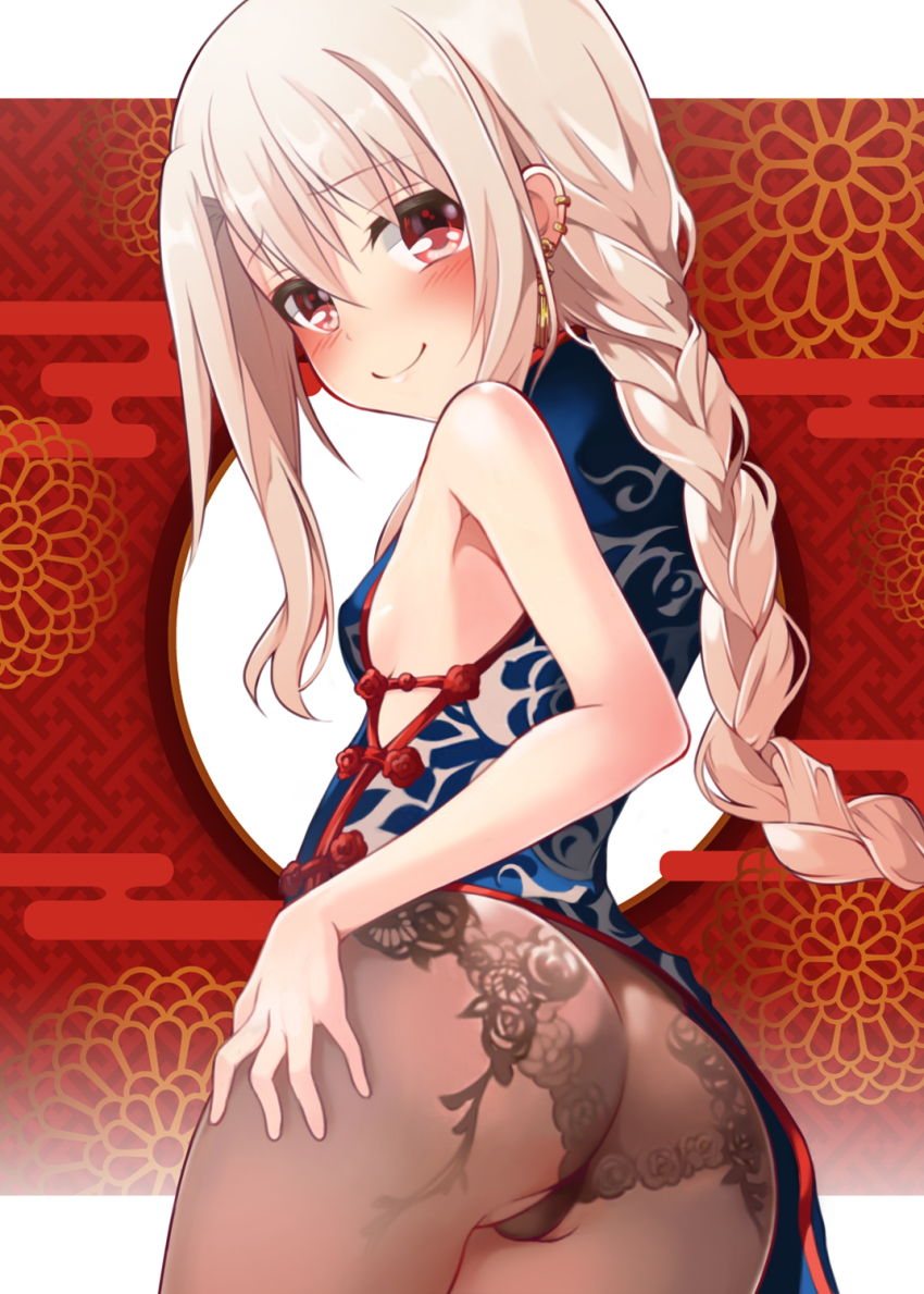 1girl, ass, back, bare_shoulders, blue_dress, blush, braid, braided_ponytail, breasts, brown_pantyhose, china_dress, chinese_clothes, cosplay, dress, earrings, embroidered_legwear, fate/grand_order, fate/kaleid_liner_prisma_illya, fate_(series), hair_between_eyes, highres, illyasviel_von_einzbern, jewelry, long_hair, looking_at_viewer, looking_back, mochi_(k620803n), panties, panties_under_pantyhose, pantyhose, red_eyes, sidelocks, small_breasts, smile, solo, tassel, tassel_earrings, underwear, white_hair, yu_mei-ren_(fate), yu_mei-ren_(fate)_(cosplay), yu_mei-ren_(spare_the_idle_talk)_(fate)
