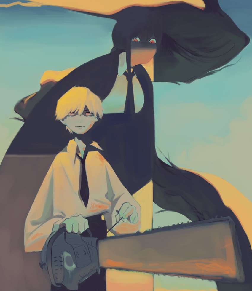 1boy, 1girl, abstract, absurdres, black_coat, black_necktie, blood, blood_on_clothes