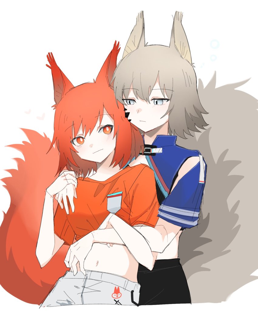 2girls, animal_ears, arknights, ashlock_(arknights), ashlock_(elite_ii)_(arknights), black_pants, blue_shirt, blush