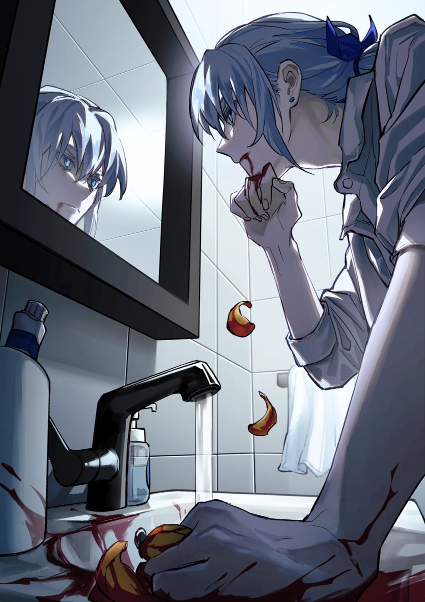 1boy, blood, blood_on_face, blood_on_hands, blue_eyes, blue_hair, blue_ribbon, earrings