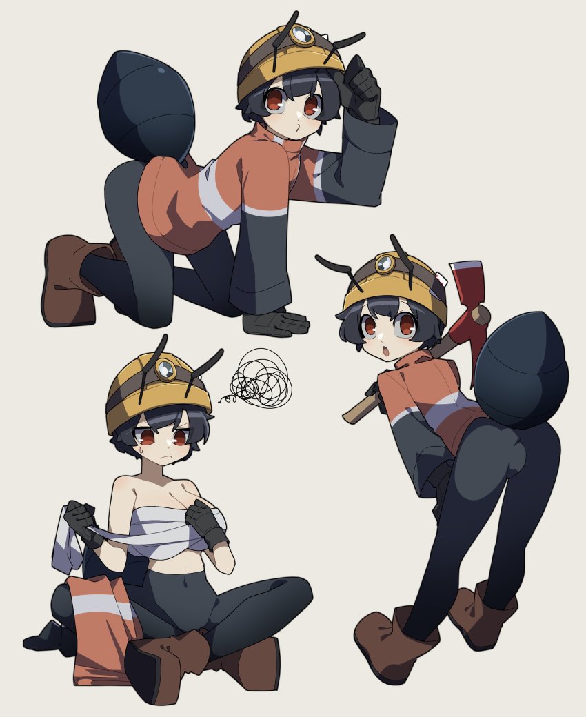 1girl, absurdres, activity_ant_(gomulgong), ant_girl, antennae, arthropod_girl, bandages, black_gloves, black_hair, breasts, brown_eyes, commentary, english_commentary, gloves, highres, holding, holding_pickaxe, jacket, junkzero, large_breasts, leggings, looking_at_viewer, mining_helmet, original, pickaxe, sarashi, short_hair, solo, spoken_squiggle, squiggle, very_short_hair