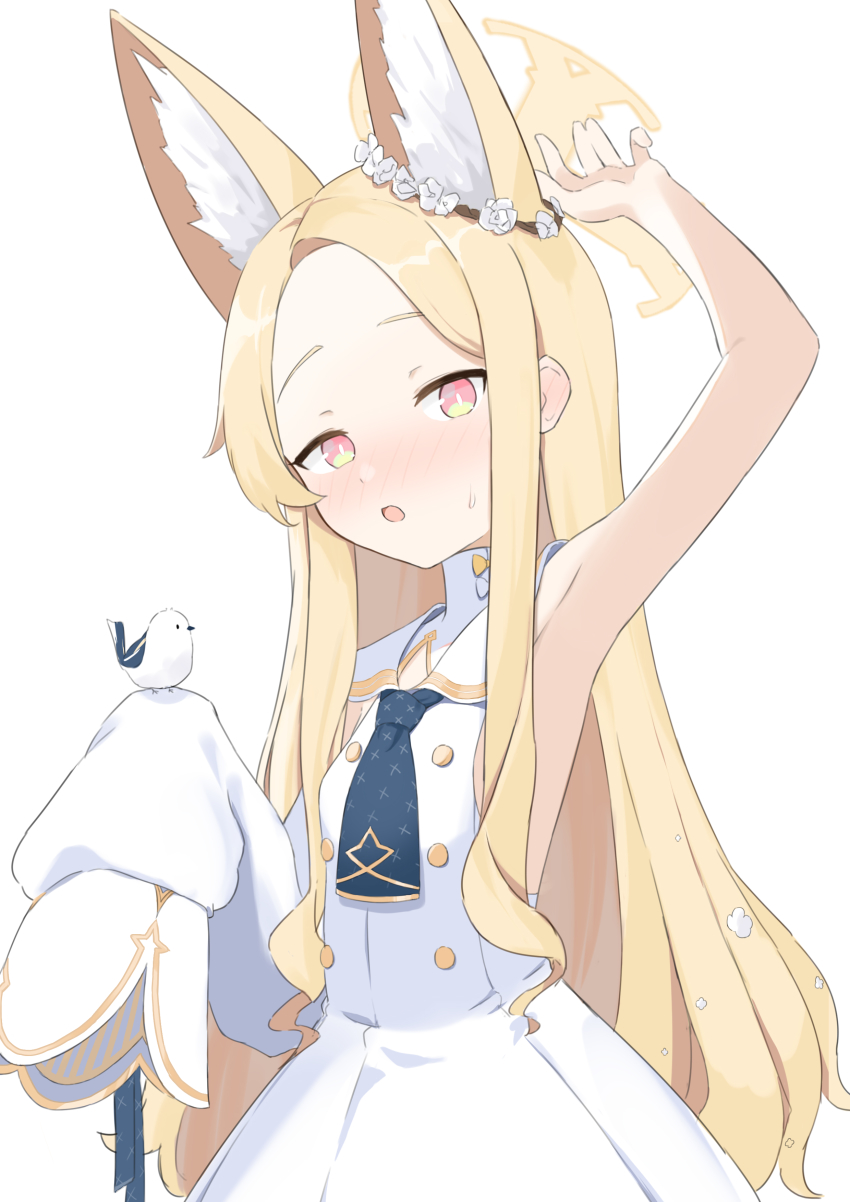 1girl, absurdres, animal_ear_fluff, animal_ears, arm_up, asymmetrical_sleeves, bird, blonde_hair, blue_archive, blue_necktie, blush, buttons, cross_halo, detached_sleeves, dress, forehead, halo, haruumi301, highres, long_hair, looking_at_viewer, necktie, open_hand, parted_bangs, sailor_collar, seia_(blue_archive), simple_background, sleeveless, sleeveless_dress, sleeves_past_fingers, sleeves_past_wrists, solo, sweat, white_background, white_dress, white_sailor_collar