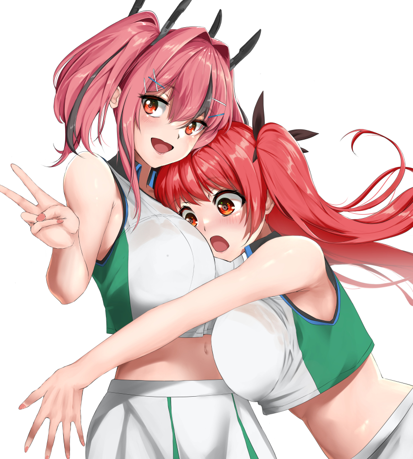 2girls, :d, absurdres, alternate_costume, azur_lane, bare_shoulders, black_ribbon, blush