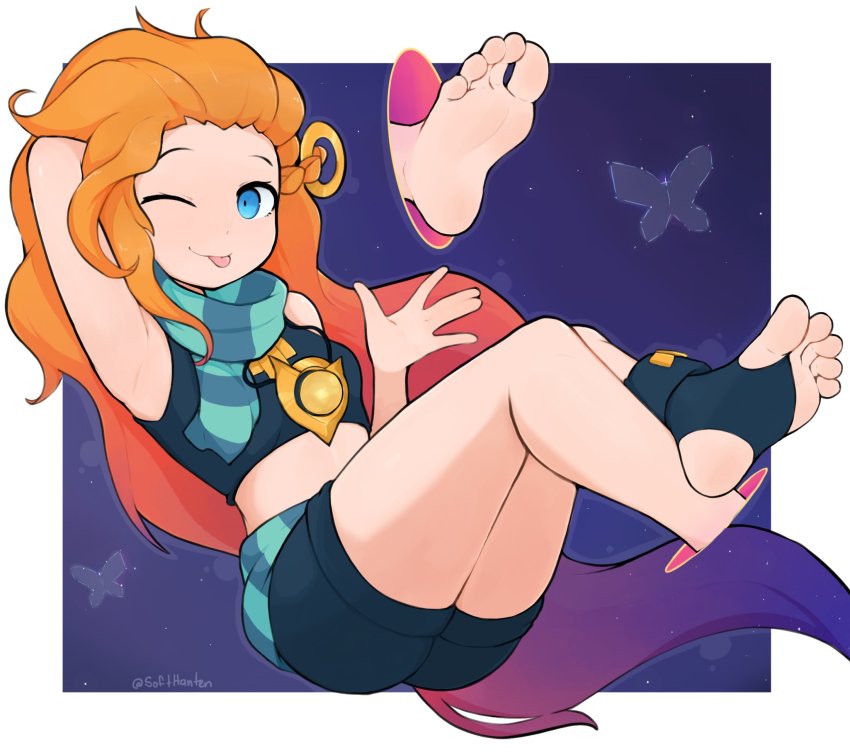 1girl, ;p, arm_behind_head, arm_up, barefoot, blue_eyes, blue_shorts, border