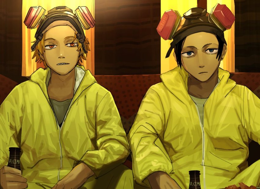 2boys, backlighting, beer_bottle, black_hair, blue_eyes, breaking_bad, chainsaw_man, crossover