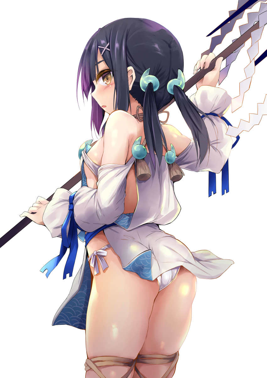 1girl, absurdres, ass, back, bare_shoulders, black_hair, blue_ribbon, blush