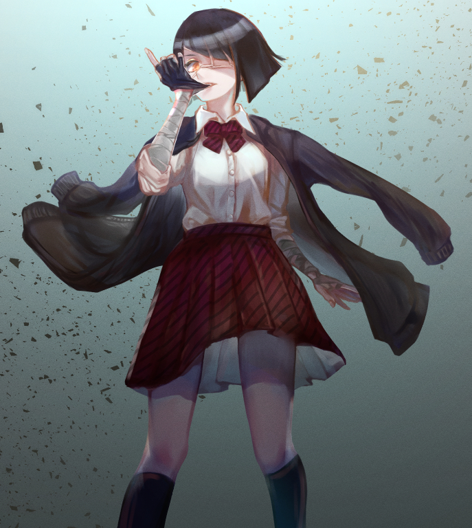 1girl, ashes, black_hair, black_jacket, bow, chuunibyou, collared_shirt, diagonal_bangs