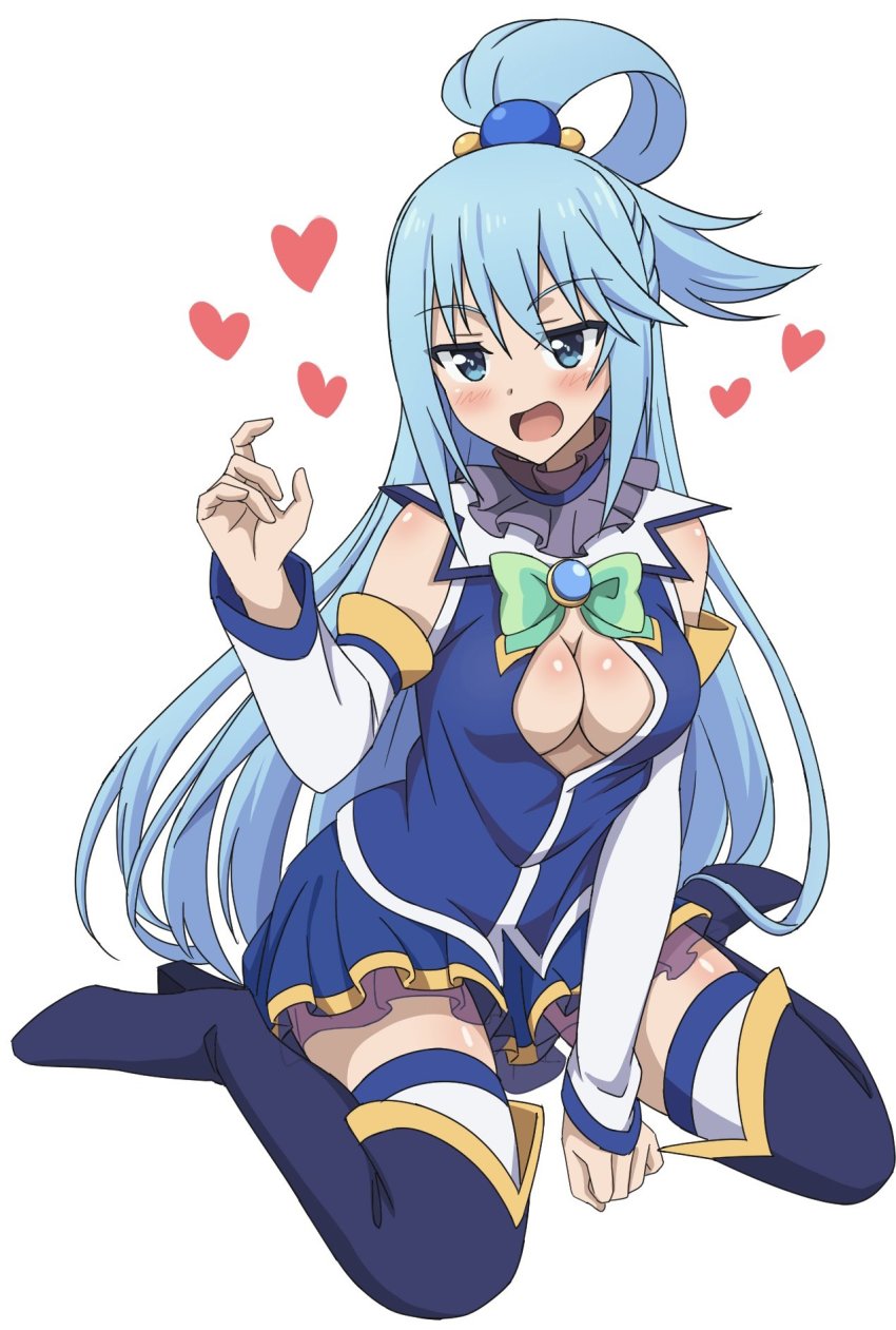 1girl, :d, aqua_(konosuba), bare_shoulders, blue_eyes, blue_shirt, blue_skirt, blush
