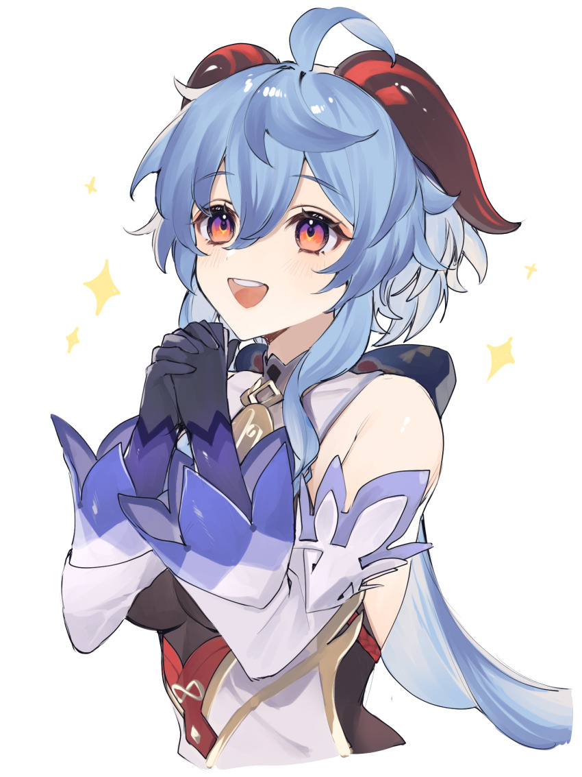 1girl, :d, ahoge, bare_shoulders, bell, black_bodysuit, black_gloves, blue_hair, blush, bodysuit, bow, breasts, commentary_request, cowbell, cropped_torso, detached_collar, detached_sleeves, ebibi_chiriri, eyelashes, ganyu_(genshin_impact), genshin_impact, hoyolab_sticker_redraw, glasses, gloves, goat_horns, gold_trim, hair_between_eyes, hands_up, happy, highres, horns, long_hair, long_sleeves, looking_up, low_ponytail, medium_breasts, neck_bell, open_mouth, own_hands_together, ponytail, praying, purple_eyes, red_horns, reference_inset, sidelocks, smile, solo, sparkle, star_(symbol), teeth, upper_body, upper_teeth_only, white_background, white_sleeves