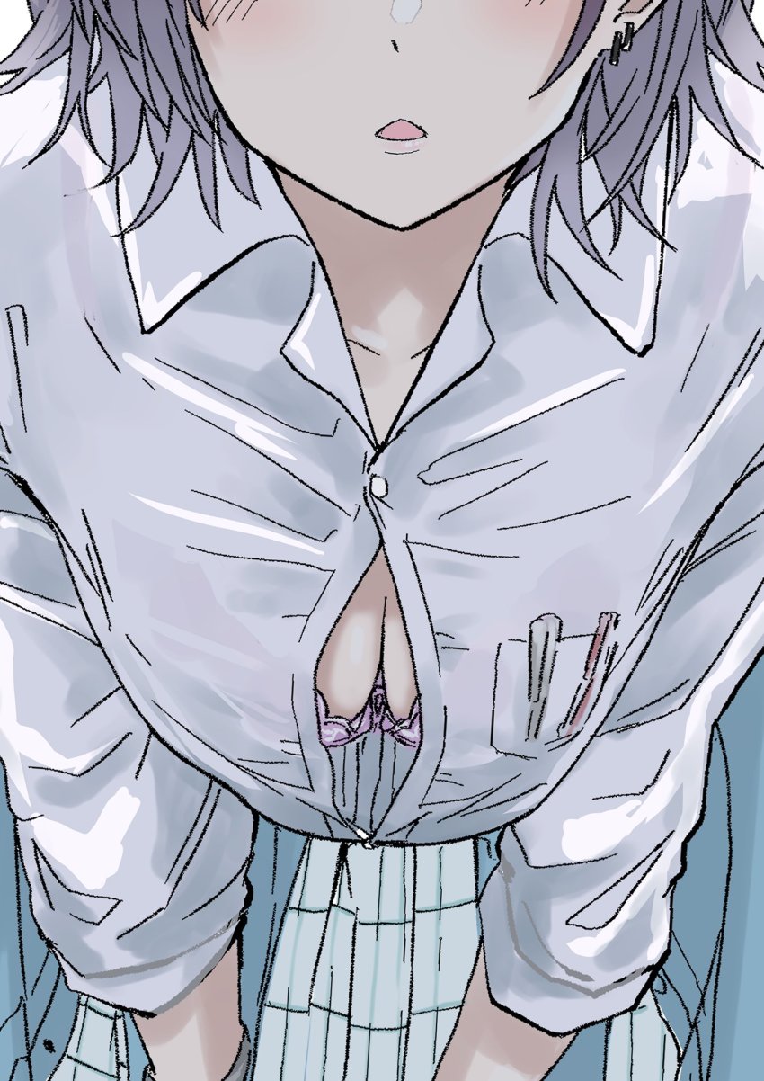 1girl, asakura_toru, bra, breasts, button_gap, cleavage, clothes_around_waist, collared_shirt
