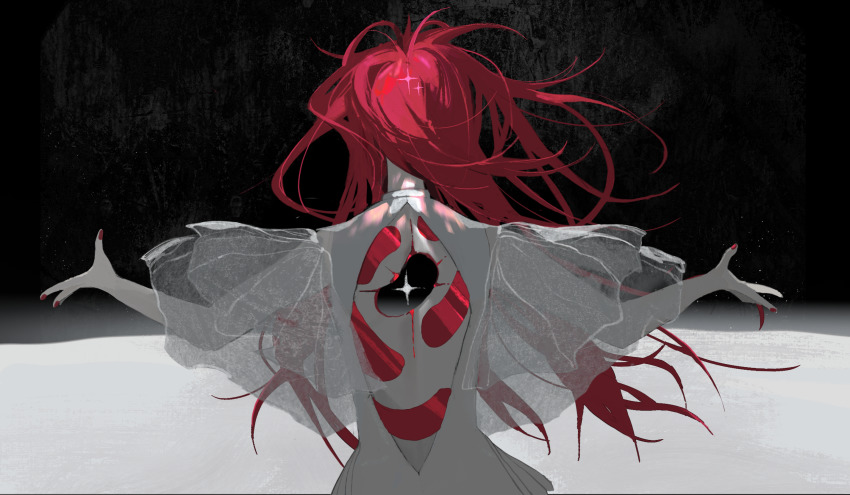 1other, androgynous, backless_outfit, facing_away, floating_hair, from_behind, gem, hair_over_shoulder