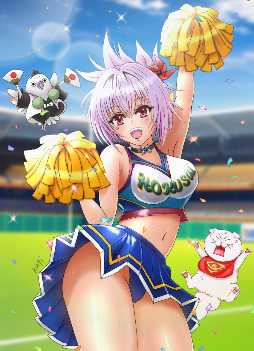 1girl, 2boys, absurdres, ayakashi_triangle, big_kapipara, bird, cat, cheerleader