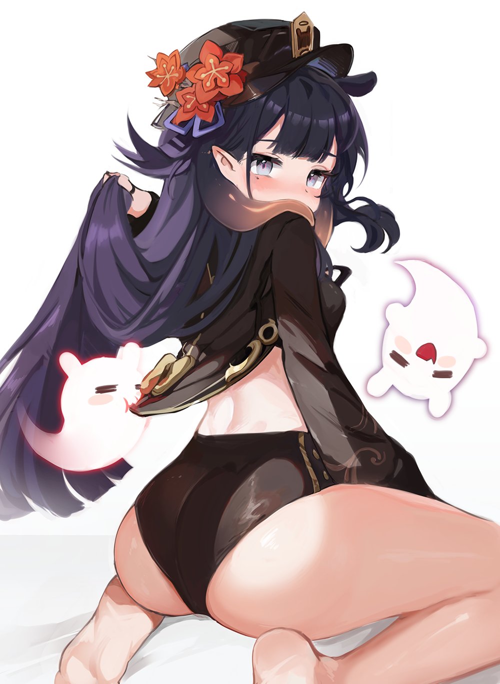 1girl, ass, black_hair, black_hat, blue_eyes, blunt_bangs, blush, chinese_clothes