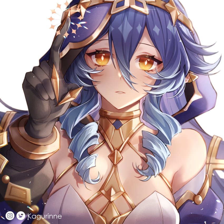 1girl, absurdres, artist_name, bags_under_eyes, bare_shoulders, black_gloves, blue_hair, blue_hood, breasts, bright_pupils, claw_ring, commentary, detached_sleeves, diamond-shaped_pupils, diamond_(shape), drill_hair, english_commentary, genshin_impact, gloves, hair_between_eyes, highres, hood, hood_up, index_finger_raised, instagram_logo, jewelry, kagurinne, layla_(genshin_impact), long_hair, looking_at_viewer, medium_breasts, neck_ring, orange_eyes, parted_lips, pointy_ears, ringlets, sidelocks, simple_background, solo, symbol-shaped_pupils, twitter_logo, upper_body, white_background, white_pupils