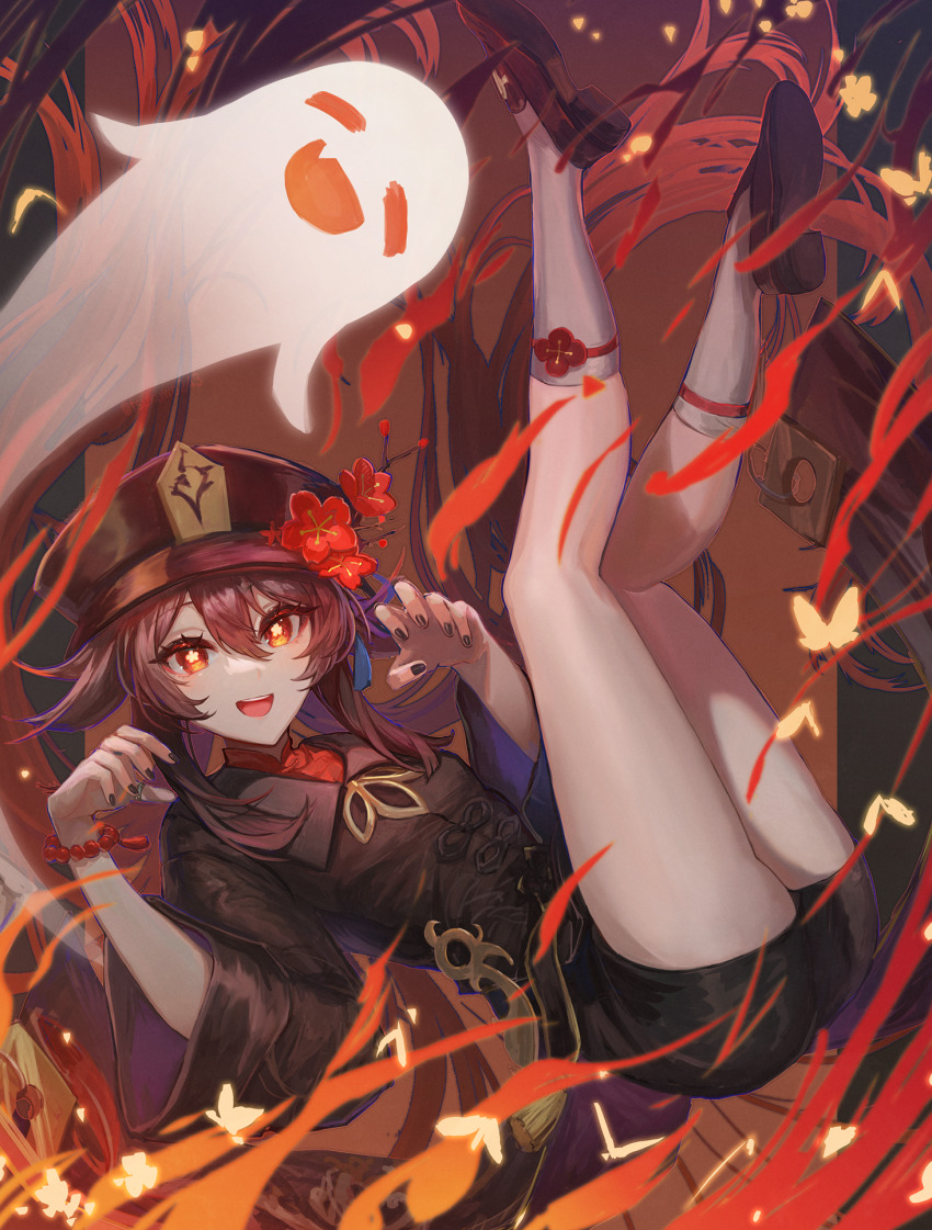 1girl, :d, =_=, black_jacket, black_nails, black_shoes, black_shorts, brown_hair