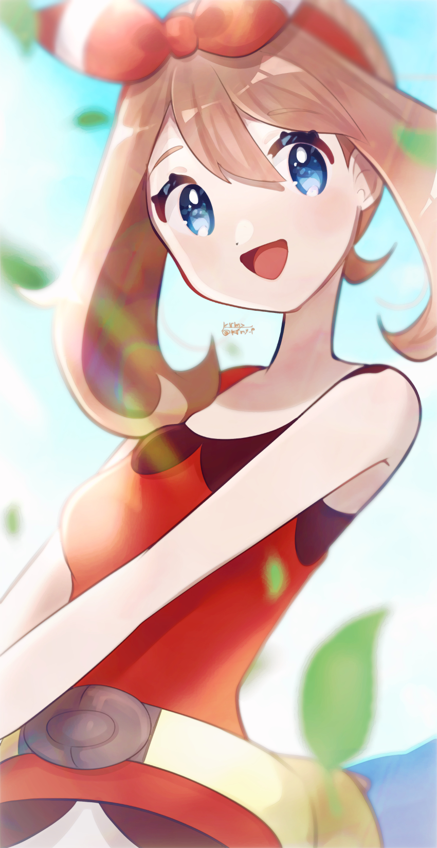 1girl, :d, absurdres, bare_shoulders, blue_eyes, bow, brown_hair, falling_leaves